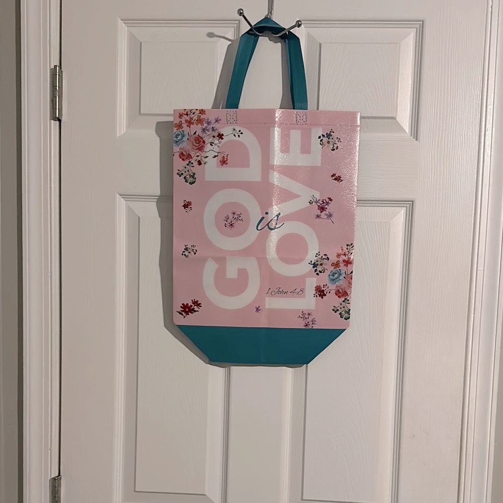 Tote Bag Chic Pink and Blue Floral 1 John 4:8